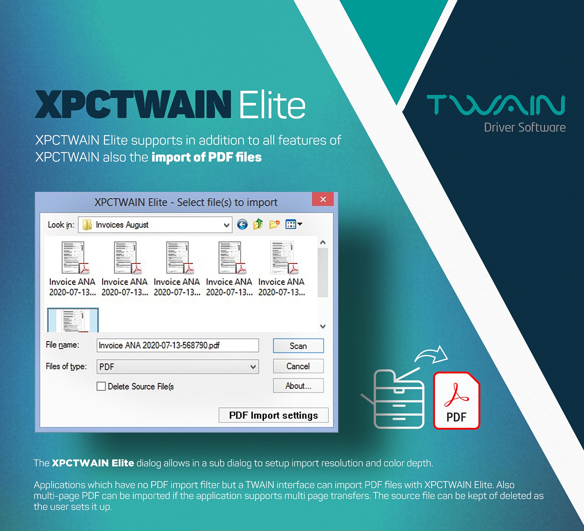 XPCTWAIN Elite ist ein virtueller TWAIN-Treiber, der es Anwendungen, die keinen PDF-Importfilter haben, ermöglicht, PDF für mehrseitige TIFF-Dateien als Bilder über die TWAIN-Standardschnittstelle zu lesen. 
								XPCTWAIN Elite est un pilote TWAIN virtuel qui permet aux applications qui n'ont pas de filtre d'importation PDF de lire les fichiers TIFF multipages comme des images via l'interface standard TWAIN.
								XPCTWAIN Elite es un controlador TWAIN virtual que permite a las aplicaciones que no tienen filtro de importación de PDF leer archivos TIFF multipágina como imágenes a través de la interfaz estándar TWAIN.